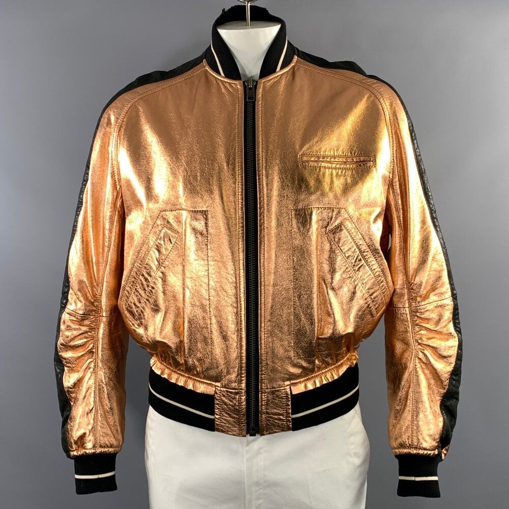 HAIDER ACKERMANN Size L Black Copper Metallic Leather Zip Up Jacket